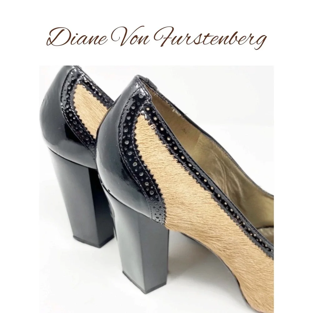DVF Diane von Furstenberg Calf Hair‎ Block Heel Pumps Camel Black Peep Toe, 7.5